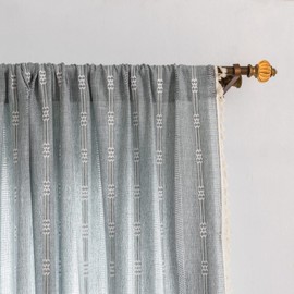 Boho Embroidery Striped Farmhouse Curtains - 84 Inch Long, 2 Panel Set, Blue Linen, Tassel, Semi-Blackout for Bedroom & Living Room (52" W x 84" L)