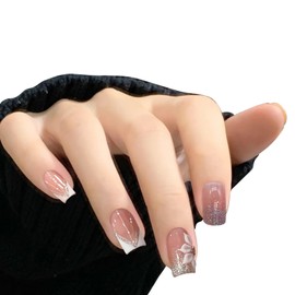 Aikeis Pack of 24 French Square Press Nails with Glitter Sequins Glitter French False Nails Artificial Acrylic Nail Stickers Women Girls