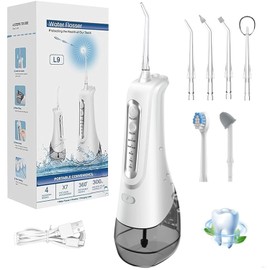 Irrigador Bucal,Limpieza Dental Portatil,Hilo Dental de Agua Inalámbrico 300ML,IPX7 impermeable,Limpiador de Dientes Eléctrico, con 4 modos, 8 puntas de chorro,para Hogar,Viajes (Blanco)