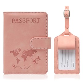 Weniubit Passport Cover and Suitcase Tag Set, Faux Leather Passport Cover with Suitcase Tag, Air Travel, Passport Cover for Passports, Boarding Passes, Credit Cards and Travel Documents (Pink), pink