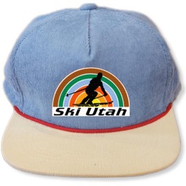 THATSRAD Ski Resort Corduroy Snapback Hat Skiing Winter Cap Rope (Ski Utah, Sky/Pale Yellow)