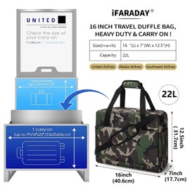 iFARADAY Carry on Duffle Bag for Travel - 16x7x12.5 Airline Approved Personal Item Travel Bag with Shoulder Strap for Men and Women (Camo)