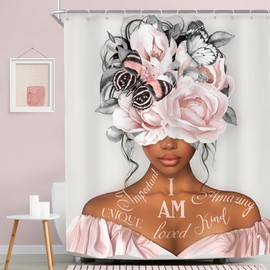 MESHELLY Black Girl Shower Curtain 60Wx72H Gray Pink Shower Curtain Peony Floral African American Motivational Quotes Bathroom Curtain Grey Butterfly Fabric Bathroom Accessories Decor with 12 Hooks