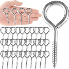 Otoolling 50 Pcs 304 Stainless Steel Screw Eye Hooks, Heavy Duty Eye Bolt with 200lb Load Bearing, Rust Resistant Self Tapping Hooks for Securing Cables/Wire on Wood Indoor Outdoor (M5-2.6 Inch)