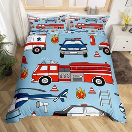 Manfei Fire Brigade Truck Children's Duvet Cover Set S Size, Cartoon Police Car Aeroplane Toddler Bedding Set, Girls Adults, Fire Brigade Tools Comforter Cover, Red Blue Quilt Cover, 1 Pillowcase