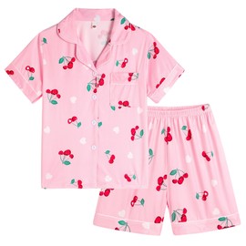 Vopmocld Girls 2PCS Pajama Sets Button Down Short Sleeve with Shorts Sleepwear Summer Cute Lounge Outfit Sets for Teens Stretchy Jammies, Red Cherry, 8