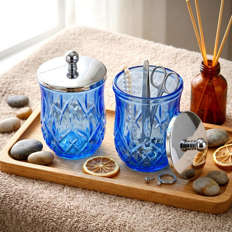 2 Pack Glass Qtip Holder Dispenser Set, Round Bathroom Apothecary