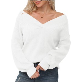 Feiersi Women's Off Shoulder Sweater Long Sleeve Loose Tops V-Neck Pullover Knit Jumper(White,Small)