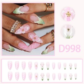 Flower Press on Nails Medium Almond French Tip Fake Nails Gradient Pink Green Stripe Designs Spring Flowers Stick on Nails Full Cover Glue on Nails Reusable Acrylic Nails for Women Girls 24Pcs
