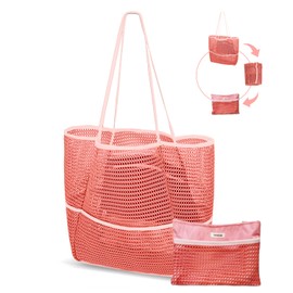 Mesh Beach Tote Bag Packable,2025 New 2-in-1 Large Lightweight Foldable Beach Bags with Multiple Pockets for Women (Pink)