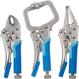 Hardys Hand Tools - 3pc Mini Locking Pliers Set - 4" Curved, 5" Long Nose, 5" C Clamp Pliers - Heat Treated Carbon Steel, Adjustable Head Width, Quick Release Lever, Rubber Grip