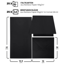 Netuno 25 Folding Cards Blank with Envelope Double Cards Black + 25 Square Envelopes 14 x 14 cm Rainbow Cards Set with Envelope Paper Square Card Blanks Coloured