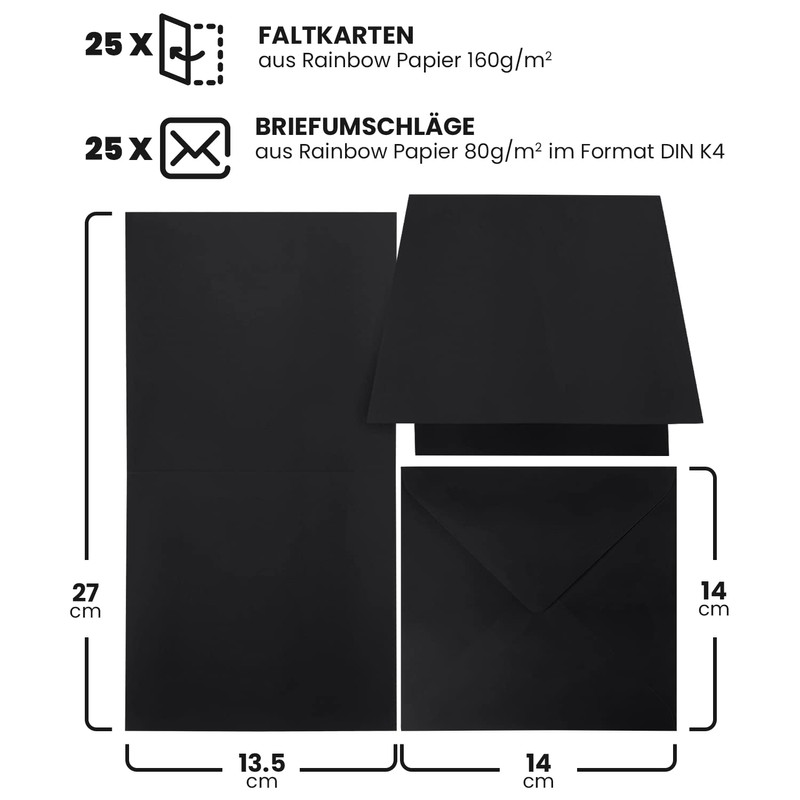 Netuno 25 Folding Cards Blank with Envelope Double Cards Black