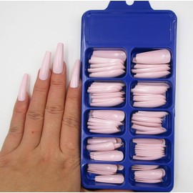 LoveOurHome 100pc Long Coffin Press on Nails Colored Artificial Fake Nails Full Cover Ballerina Acrylic Nail Tips 10 Size with Case (Light Khaki)