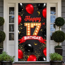 Happy 17th Birthday Red and Black Banner Backdrop Balloons Theme Decor for Girls Women Princess 17 Years Old Birthday Party Decorations Bday Supplies Photo Booth Props Background Favors Glitter Gold