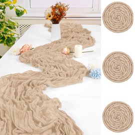 FXKS Pack of 3 Beige Cheesecloth Table Runner, 90 x 300 cm, Rustic Gauze Fabric, Boho Table Runner, Cheesecloth Table Runner, Wedding Tablecloth for Wedding, Bridal Shower, Banquet