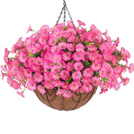 Artificial Fake Hanging Flowers Plants Baskets for Outdoor Spring Summer Decoration, Faux Silk Morning Glory in Planter UV Resistant Realistic for Home Outside Porch Patio Balcony Garden Yard