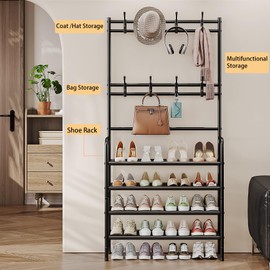 YIZAIJIA Coat Rack Shoe Rack With Storage Shelf Freestanding with 8 Hooks for Entryway Bedroom Closet 4 Tier, Black