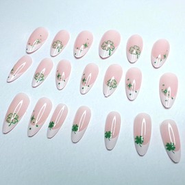St Patrick's Press on Nail Medium Length French Tip Fake Nails with Lucky Green Shamrock Glitter Design Glue on Irish Clover False Nails St. Patrick's Day Press on Nail Decorations for Women 24Pc