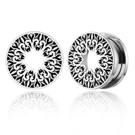 LADEMAYH Vintage 0g Plugs Tunnels Gauges for Ears, Silver 0 Gauge Plugs Earrings for Men, Stainless Steel 316L Ear Stretching Gauges for Women Body Jewelry