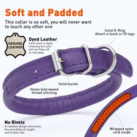 Dogline Soft and Padded Rolled Round Leather Collar for Dogs W1/4" - L8"-10", Purple