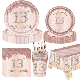 13th Birthday Party Supplies-13th Birthday Party Tableware Complete Pack Rose Gold 13th Birthday Party Plates Cups Napkins Straws Tablecloth Serves 16 for 13th Birthday Party Decorations