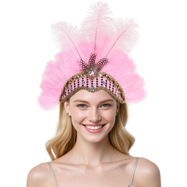 MAOFENG Women's Carnival Feather Headpieces Ostrich Feather Headdress for Wedding Masquerade Party Mardi Gras Feather Headbands,Pink