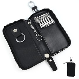 GOTDYBST Leather Key Bag, Key Organiser, Car Key Case, Comes with 6 Hooks and 2 Key Rings, Multifunctional Key Case with Coin Compartment (Unisex), black