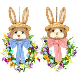 Zeyune 2 Pcs 18.1"x 11.4" Easter Bunny Wreath with Colorful Eggs Artificial Easter Wreath Mixed Flowers Green Leaves Hanging Bunny Shaped Wreath with Straw Hat and Bow for Front Door Wall(Bow Bunny)