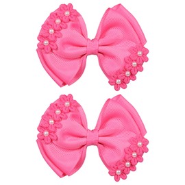 Hot Pink Hair Bow Clips for Girls 4" Pearl Floral Grosgrain Ribbon Bow Alligator Barrettes for Kids Teen Toddler Women Wedding School Birthday Dress Decor Accessory Valentines Gift