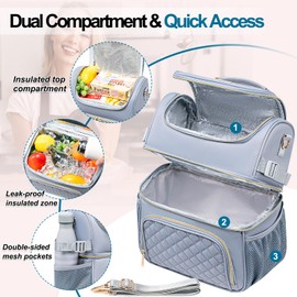 Romenrita Lunch Bags for Women, Dual Compartment Lunch Box Lunch Bag for Work, Leakproof Lunch Cooler Large Insulated Lunchbox for Adult for Women Men, Lunchbag for Picnic Beach (Gray)