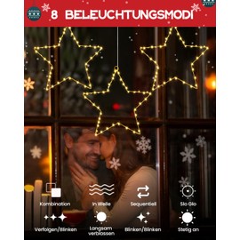 Christmas Lighting Window, LED Star Window, Illuminated, Pack of 3, 120 LED Christmas Decoration Window Luminous Stars Christmas with Remote Control, 8 Modes Stars Decoration Christmas for Hanging