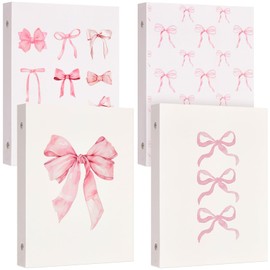 ReliThick 4 Pcs Cute Bow 3 Ring Binder, 1 Inch Round Ring with Interior Pockets, Decorative Cute Binders, Clipboard Binder, Coquette School Supplies for School Office(Mini Size,Pink)