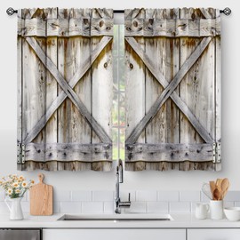 Aimego Farmhouse Country Wood Kitchen Curtains - Wooden Barn Door Vintage Short Tier Curtains Over Sink Natural Rustic Farm Decor Rod Pocket Window Drapes 45 Inch Length 2 Panel Set, 28"x45"