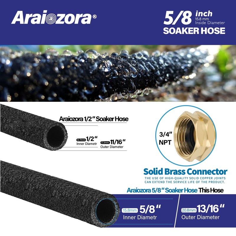 Araiozora Soaker Hose 100FT, 5/8“ Heavy Duty Ruber Round Soaker