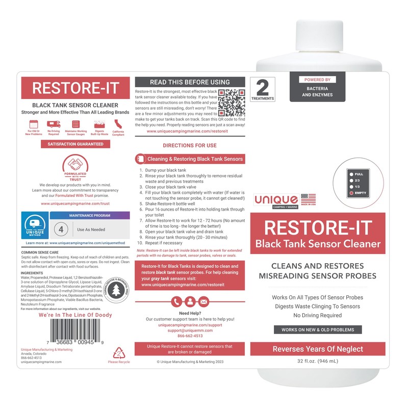 Unique Restore-It RV Black Tank Sensor Cleaner Liquid - Cleans