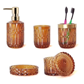 LaMarriti Glass Bathroom Accessories Set, 5Pcs Amber Brown Bathroom Accessories, Hand Soap Dispenser, Soap Dish, Toothbrush Holder Set, Vintage Bathroom Decor, Thanksgiving Gift Set