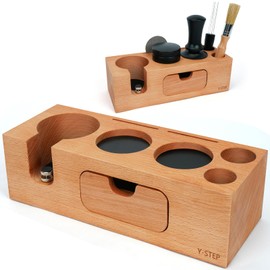 Y-Step 8 in 1 Espresso Tamping Station with Drawer for 51-54mm Espresso Machine Accessories, Handmade Non-Slip Beech Wood Coffee Station Organizer for Countertop, Portafilter Holder for Barist