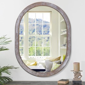 JJUUYOU Large Oval Wall Mirror 26 x 18 Inch Rustic Brown Mirror for Bathroom, Hanging Vanity Oval Mirror for Vanity Living Room Entryway Bedroom More