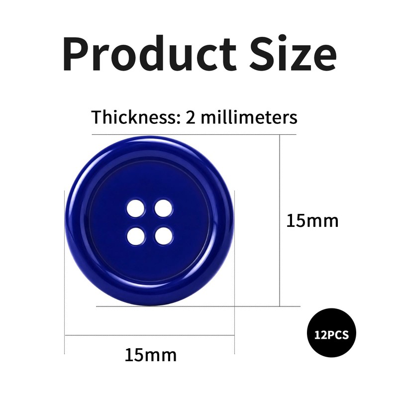 Pack of 12 Dark Blue Sew on 15mm Round Buttons