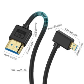 Poyiccot Micro HDMI to HDMI Cable 1ft, 48Gbps, 8K@60Hz, 4K@120Hz, Right Angle 90 Degree, Ultra Thin & Short & Flexible, Compatible with Camera, Camcorder, Tablet, Monitor, HDTV
