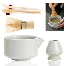 TAIHOBO Matcha Set, 5PCS Reusable Matcha Kit Includes Matcha Whisk and Bowl 550ml Ceramics with Spout, Whisk Holder and 2 Bamboo Spoon, Matcha Tea Set for Home, Office and Tea Room (6, White)