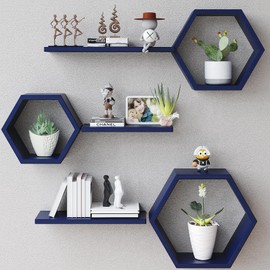 LUDORU Wooden Hexagon Floating Shelves Wall Mounted,Set of 6 Pine Hexagon Shelves Display for Photos,Plants,Rustic Honeycomb Shelves for Living Room,Bedroom,Bathroom, Kitchen, Office Decor, Navy Blue