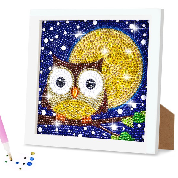 AUAUY Diamond Painting Kit, 5D Diamond Painting Cats Kit with Wooden Frame, DIY Diamond Painting Kids Painting Kit Craft Arts Gift for Home Wall Decoration Children (Owl)
