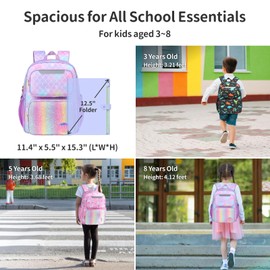 BrainyBees Kids Backpack with Insulated Snack Bag - 15 Inch Backpack for Girls 3 to 8, Lightweight Bookbag for Preschool Kindergarten Elementary School, Safe Reflective Stripe, Purple Mermaid