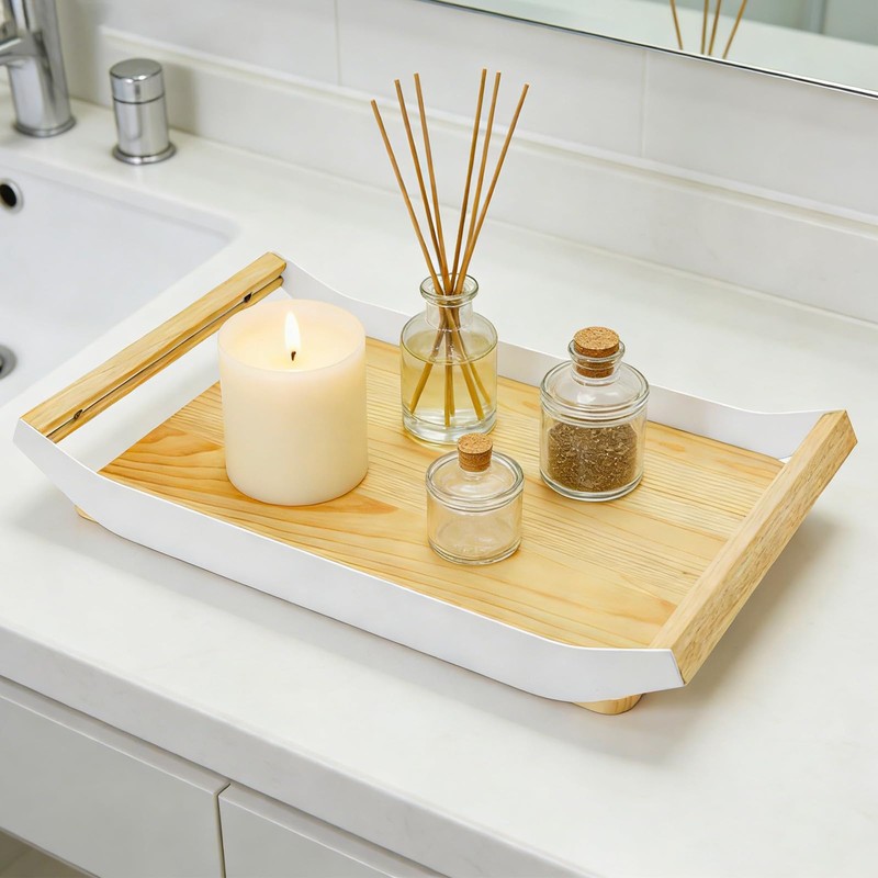 Enkrio Wood Serving Tray with Handles 16 Inches Decorative Rectangle