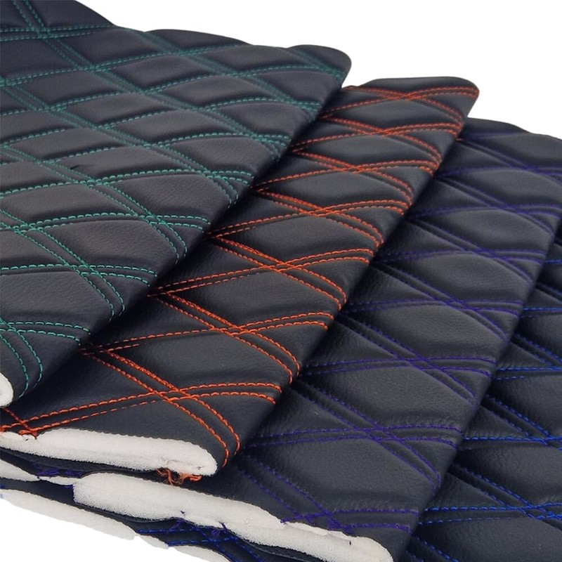 Black Faux Leather Quilted Fabric Double Diamond White Stitch Fluted