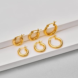 3 Pairs 14K Gold Plated Huggie Hoop Earrings for Women, Minimalist Gold Huggie Hoop Earrings, Simple 3 sizes Hoop Earrings for Women Men gift,gold silver rose gold and black, Copper, No Gemstone