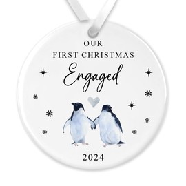 "Our First Christmas Engaged" Penguin Bauble - Engagement Ceramic Ornament - Mr & Miss 1st Xmas Keepsake - Romantic Festive Tree Decoration