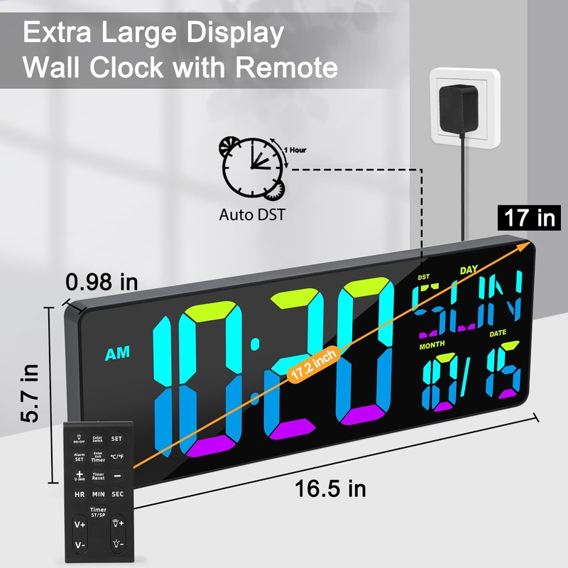 XREXS Large Digital Wall Clock with Remote Control, 17.2" LED